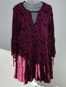 American Eagle Size Medium Boho Tiered Long Sleeve Dress maroon floral print