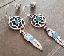 Silver Dream Catcher Feather Blue Stone Earrings NWT