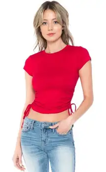 Brit & Bri Womens Medium Trendy Solid Red Soft Basic Ruched Tie Crop Top Red​​​
