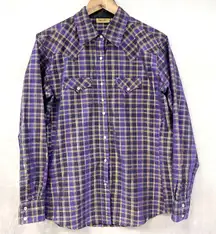 Wrangler Womens Western Shirt Large Pearl Snap Metallic Plaid Cowboy Rodeo Ranch