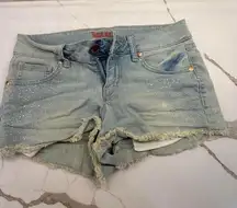 Stylish sky blue jean shorts with frayed hems size 5