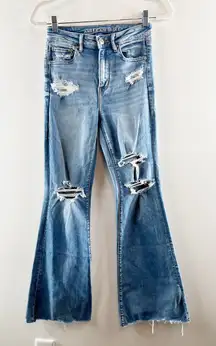 American Eagle Super Hi Rise Distressed Stretch Flare Jeans Blue 4
