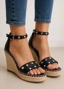 Marc Fisher Black Studded Leather Espadrille Wedge Sandals Size 9M