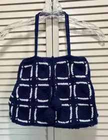 Granny‎ Square Purse Blue/White Handmade Crocheted Medium Size No Lining/pockets