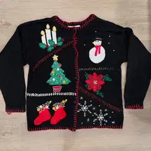 Vintage Victoria Jones Black Holiday Christmas Embroidered Cardigan Sweater-Sz S