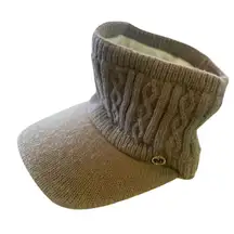 1 LEFT! Womens Knit Beanie Visor Hat W/Ponytail Opening – Beige Fleece Lined-OS