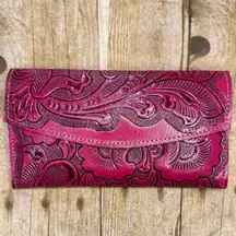 NEW Pink Leather Hand Tooled Embossed Made in Mexico Wallet Clutch Fold Open