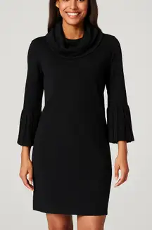 Nina Leonard Black Sweater Dress Size L – Cowl Neck, Bell Sleeve, Knee Length