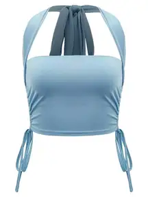 SHEIN Tie Backless Drawstring Side Crop Halter Top in Blue, Size S​​​​​​