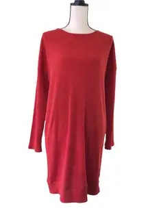 Brick Red Orange Rib Knit Long Sleeve Dress Keyhole Back