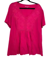 Roamans Pink Lace Short Sleeve Tee Shirt Womens 1X Boho Cassic Top Crochet Boho
