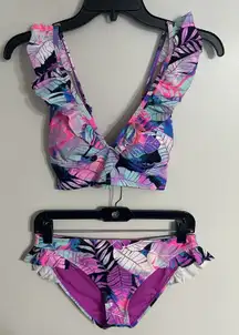 Island Soul Women's Floral Print Ruffle Bikini Purple Small Top Medium Bottoms