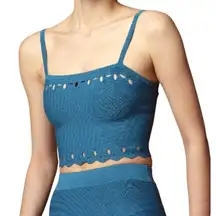 Sandro Tank Top Small Teal Blue‎ Fine Knit Cut Out Detail Scalloped Hem Cami Top