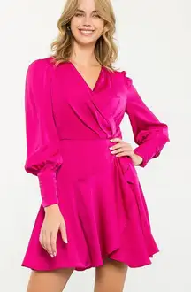 Vicci | XS | Dress Satin Wrap Ruffle Mini Magenta Cuffed Sleeve V Neck Flutter