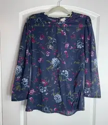 Hinge Sheer Navy Floral Blouse Side Ruching Small Hinge Size 1