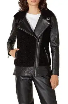 Slate & Willow Black Faux Shearling Quilted Leather Moto Jacket Size Medium FLAW