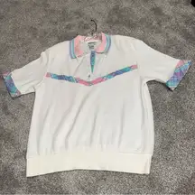 Vintage Koret Francisca White Textured Short Sleeve polo With Plaid Accents sz M