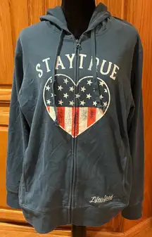 Life is Good Stay True Flag Go-To Full Zip Fleece Hoodie Sweatshirt Blue Size XL