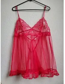 Victoria's Secret Babydoll Women Small Red Lace Bow Slip Dress Sheer Cami Ruffle