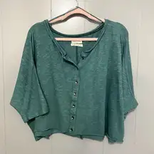 Teal Blue Carara Boxy Botton Down Raw Hems Boho Top M