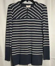 Tory Burch Tunic Sweater Merino Wool Gray Striped Crewneck Long Sleeve XS