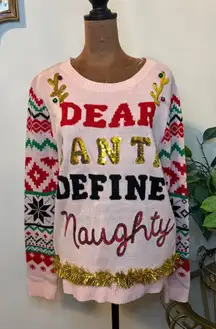 Ugly Christmas Sweater Pink Dear Santa Define Naughty Sequin Tinsel XL