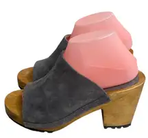 Rag & Co Wood Heeled Open Toe Clogs Gray Suede Mules Slides EU 40 US 9 EUC