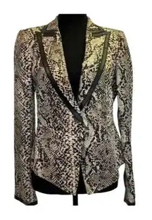 ZARA Open Snake Skin Satin Lined Faux Leather Trim Blazer Shoulder Pads M Tan