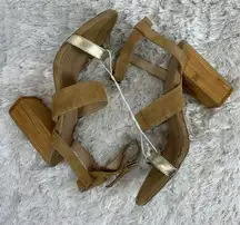 NWOT Raye Lana Gold Tan Suede Wooden Heels Revolve Size 39 8.5