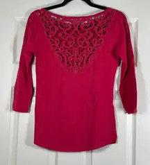 2012 ROXY Women’s Hot Pink Crochet Back 3/4 Sleeve Top Size Small