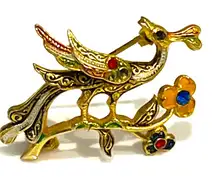 Vintage PEACOCK BIRD BROOCH 1.5" Gold Pheasant Pin Rhinestone Flowers Branch