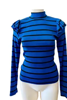 t.la Blue Black Stripe Mock Neck Ruffle Sleeve Knit Top Women Small