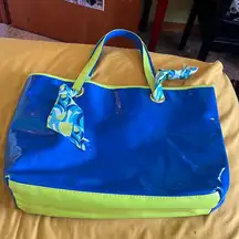 Taylor By  Blue and Green Vinyl Tote With Ribbon Vintage and Rare