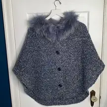 J. McLaughlin Blue & White Boucle Wool Button Cape with Dyed Raccoon Fur Collar