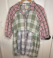 BNWT  Multicolor Plaid Button Down Mini Dress Pockets Sz L Preppy