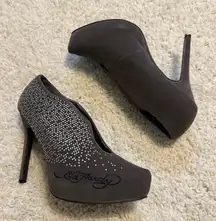 Ed Hardy NYE Silver Embellished Signature Light Brown Suede Heels Booties 8