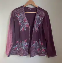 Soft Surroundings Floral Embroidered Mauve‎ Jacket Cardigan Size XS Boho Western