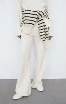Zara White High Waist Wide Leg Ribbed Pants Sz L