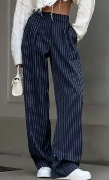 Pinstripe Pleated Wide Leg Dress Pants Navy Color