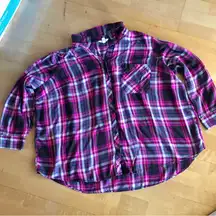 Terra & Sky Plaid Button Down Blouse, Pink, Black, Size 4X