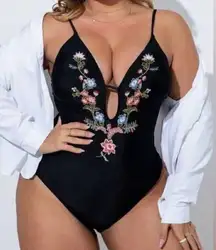 Swim Curve black Floral Embroidery boho Cut Out One Piece Swimsuit size 3xl