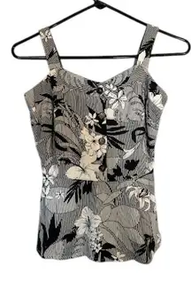 Monteau Black White Floral Tropical Sleeveless Tank Top Blouse Women Sz S