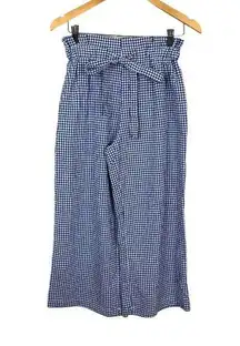 Joie  Pants Womens Medium Blue White Gingham Paperbag Wide Leg Belted Crop Cotton