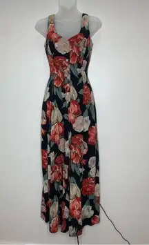 Vintage Alyn Paige Floral Blossoms Backless Jumpsuit black red wide leg Small