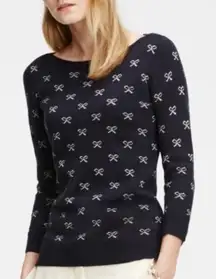 Ann Taylor Sz L Navy Stretch Pullover Wool Blend Bow Print Sweater Classic