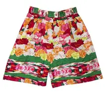 Vintage 80s KENZO Colorful Floral Pleated High-Waist Bermuda Shorts size 8