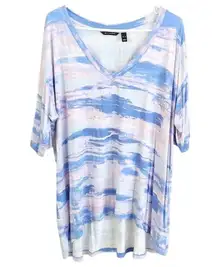 H by Halston V-neck Short Sleeve T-shirt Top XL Comfy Oversized Tie Dye Blue Sky