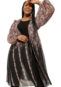 Crinkle Fabric Mix Tie Front Maxi Kimono