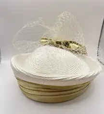 Vintage Church Hat White And Gold Brim Fancy Bow Kentucky Derby
