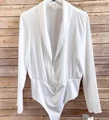 Open Edit Bodysuit Women’s Size Medium White Sheer Long Sleeve Plunge NWT